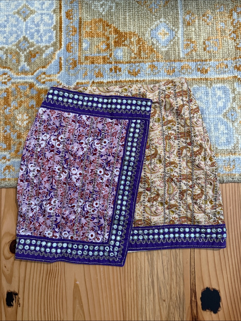 Zara Boho Patchwork Floral Mini Skirt in Purple & Cream